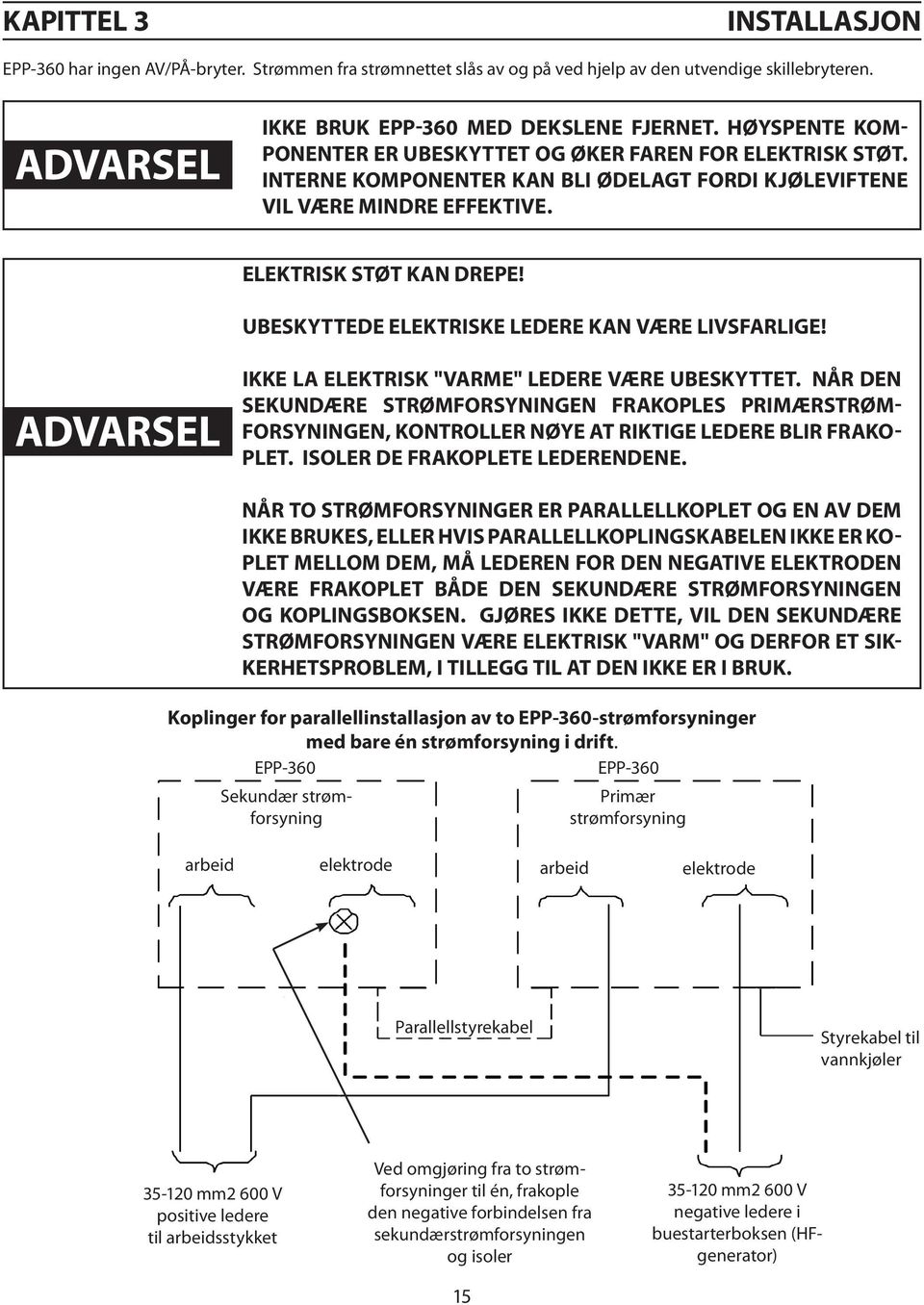 Ubeskyttede elektriske ledere kan være livsfarlige! ADVARSEL Ikke la elektrisk "varme" ledere være ubeskyttet.