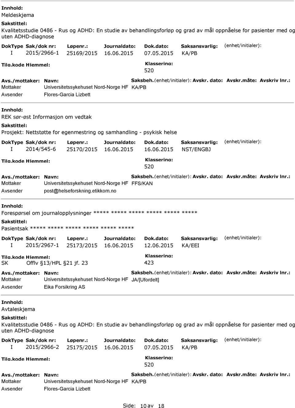 25170/2015 NST/ENGBJ 520 Mottaker niversitetssykehuset Nord-Norge HF FFS/KAN post@helseforskning.etikkom.