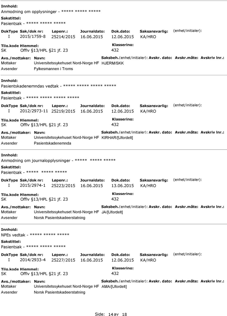 2015 Mottaker niversitetssykehuset Nord-Norge HF KRHAR/[fordelt] Pasientskadenemnda Anmodning om journalopplysninger - ***** ***** ***** 2015/2974-1 25223/2015 13.06.