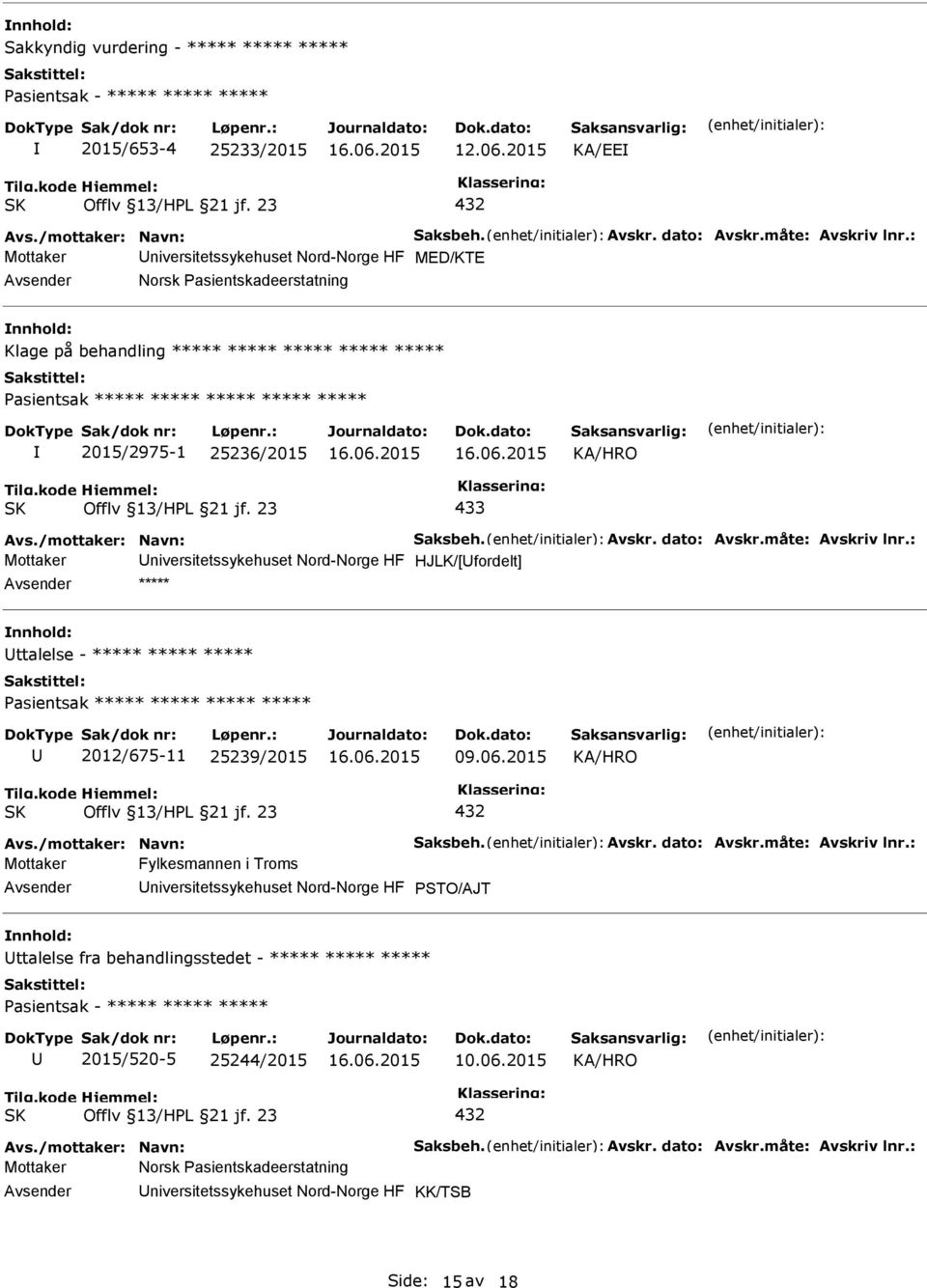 ***** ***** ***** ***** 2015/2975-1 25236/2015 433 Mottaker niversitetssykehuset Nord-Norge HF HJLK/[fordelt] ***** ttalelse - ***** ***** ***** Pasientsak *****