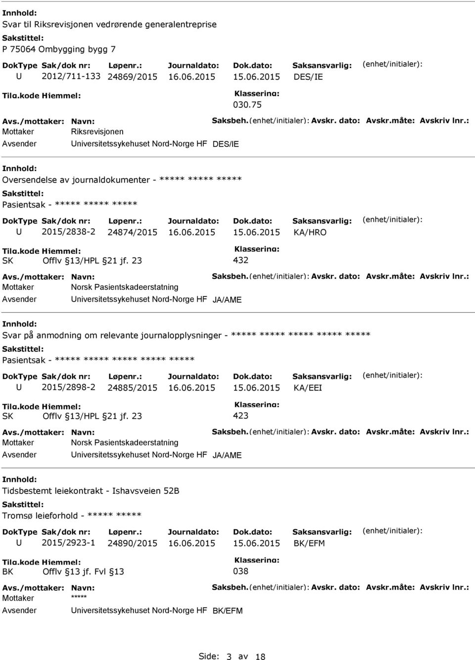 Nord-Norge HF JA/AME Svar på anmodning om relevante journalopplysninger - ***** ***** ***** ***** ***** ***** ***** 2015/2898-2 24885/2015 KA/EE niversitetssykehuset