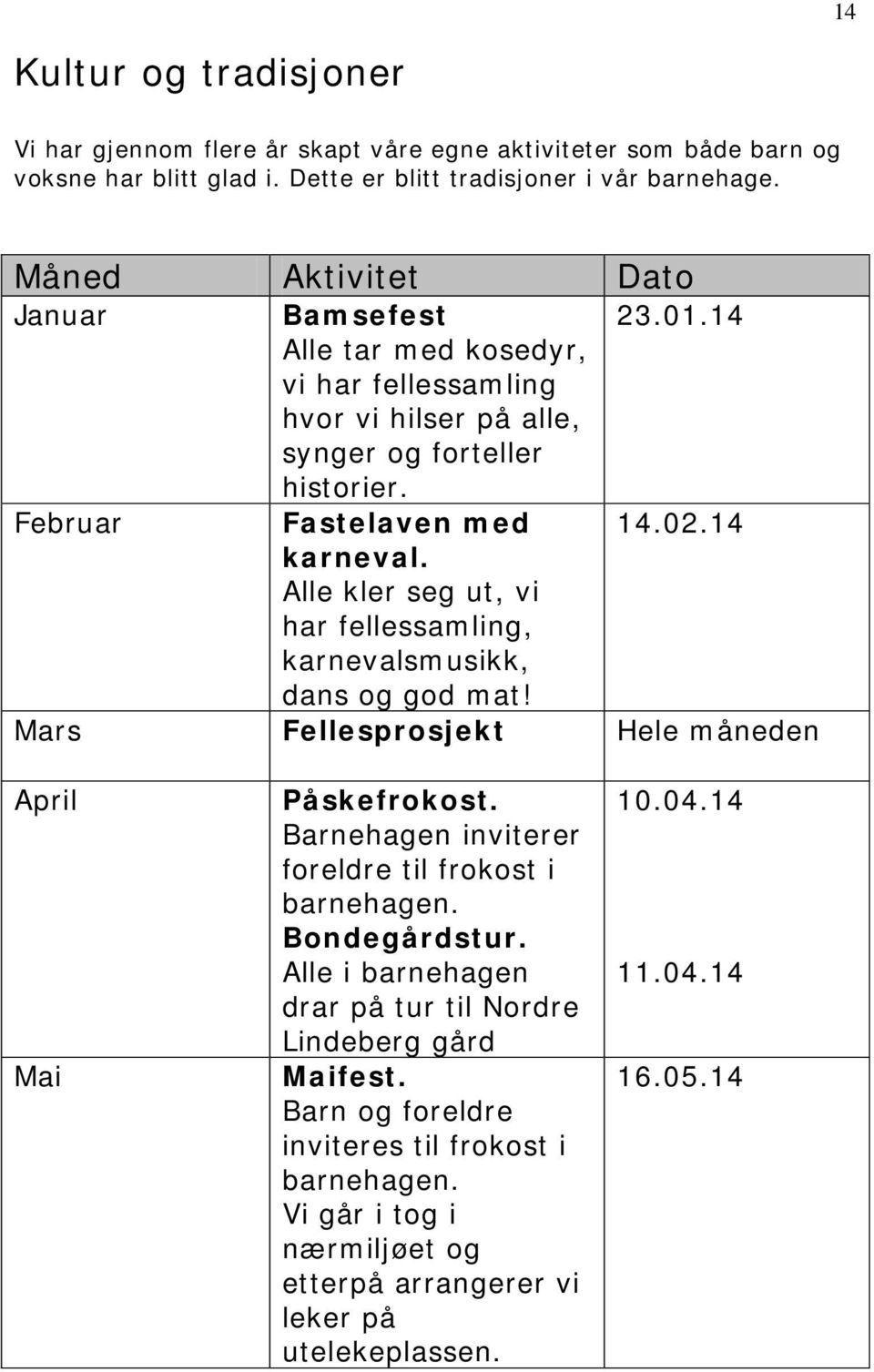 Alle kler seg ut, vi har fellessamling, karnevalsmusikk, dans og god mat! Mars Fellesprosjekt Hele måneden April Mai Påskefrokost. Barnehagen inviterer foreldre til frokost i barnehagen.