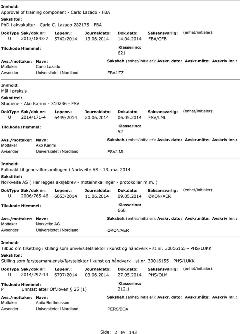 2014 FV/LML Mottaker Ako Karimi niversitetet i Nordland FV/LML Fullmakt til generalforsamlingen i Norkveite A - 13. mai 2014 Norkveite A ( Her legges aksjebrev - møteinnkallinger - protokoller m.m. ) 2006/765-46 6653/2014 09.