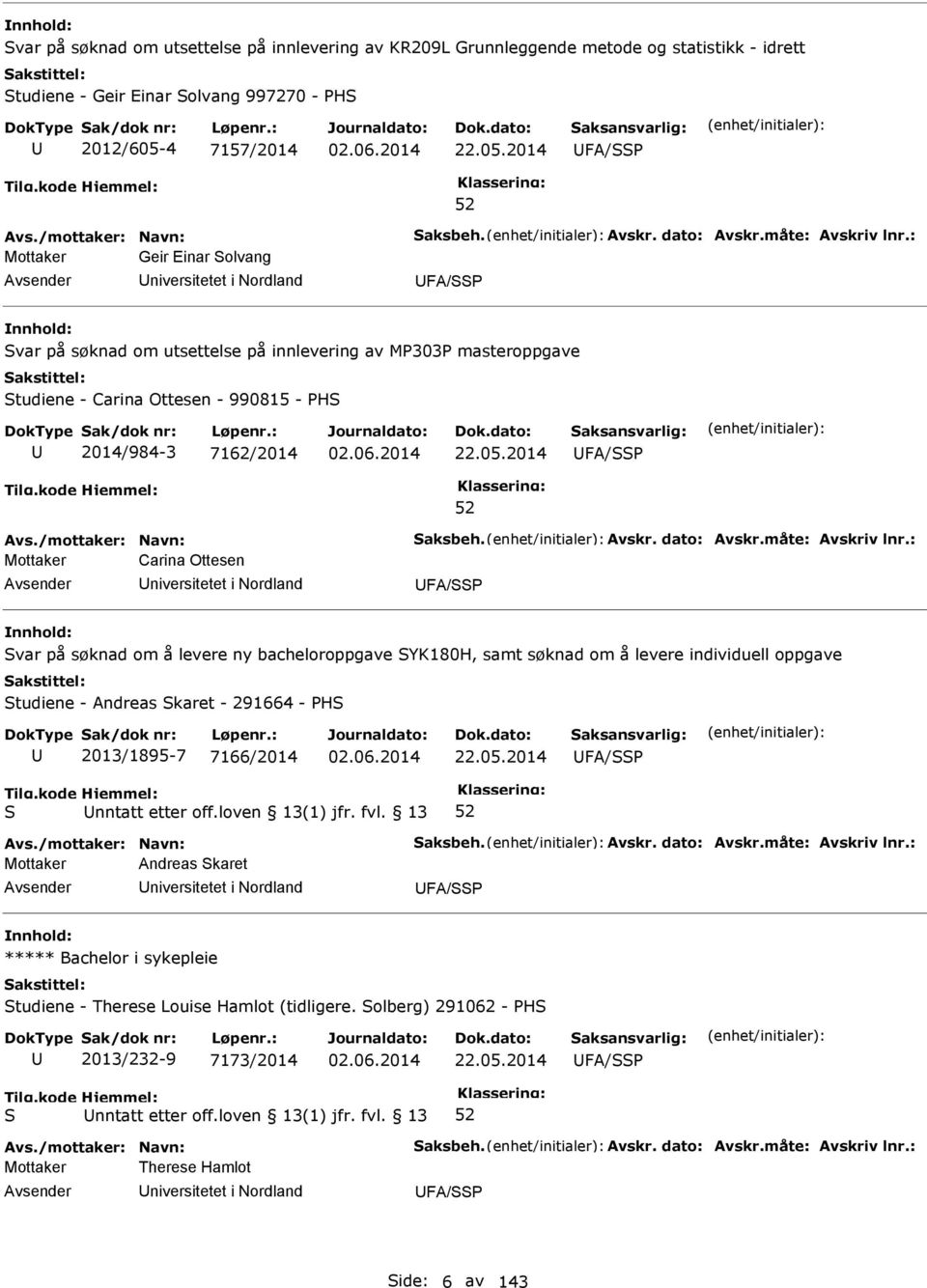 2014 FA/ Mottaker Geir Einar olvang niversitetet i Nordland FA/ var på søknad om utsettelse på innlevering av M303 masteroppgave tudiene - Carina Ottesen - 990815 - H 2014/984-3 7162/2014 22.05.