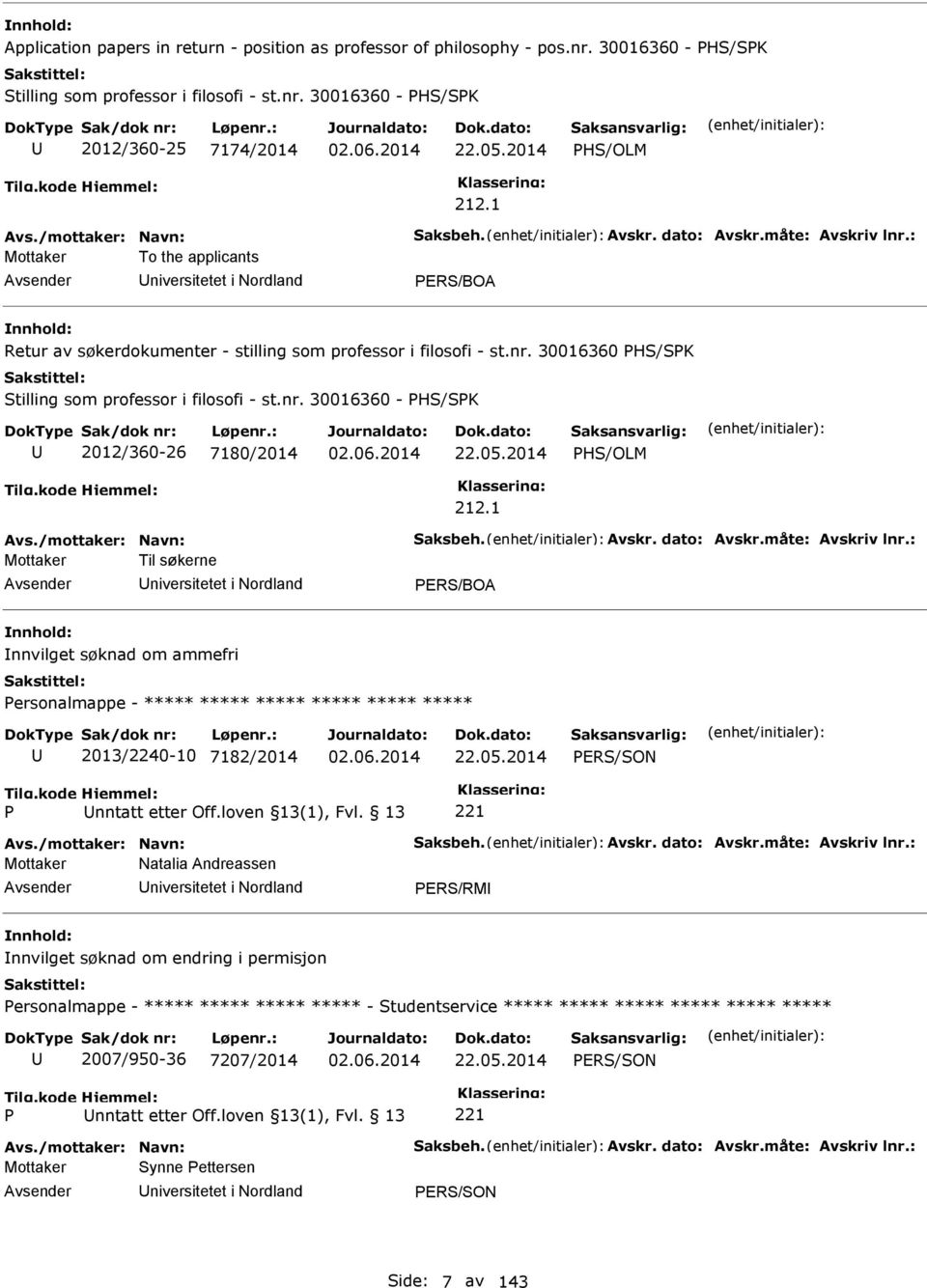 05.2014 H/OLM 212.1 Mottaker Til søkerne niversitetet i Nordland ER/BOA nnvilget søknad om ammefri ersonalmappe - ***** ***** ***** ***** ***** ***** 2013/2240-10 7182/2014 22.05.2014 ER/ON nntatt etter Off.