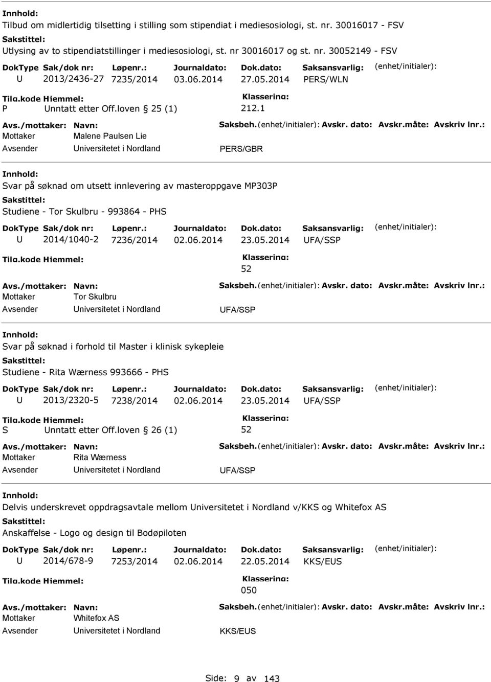 1 Mottaker Malene aulsen Lie niversitetet i Nordland ER/GBR var på søknad om utsett innlevering av masteroppgave M303 tudiene - Tor kulbru - 993864 - H 2014/1040-2 7236/2014 23.05.