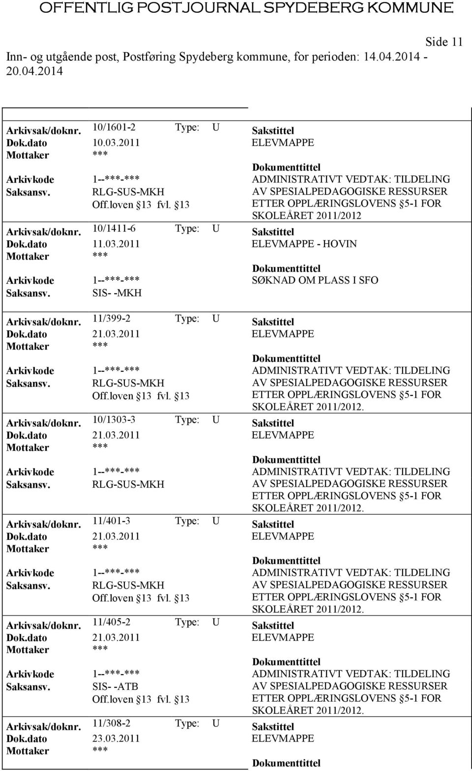 dato 21.03.2011 ELEVMAPPE SKOLEÅRET 2011/2012. Arkivsak/doknr. 11/405-2 Type: U Sakstittel Dok.dato 21.03.2011 ELEVMAPPE SIS- -ATB Arkivsak/doknr.