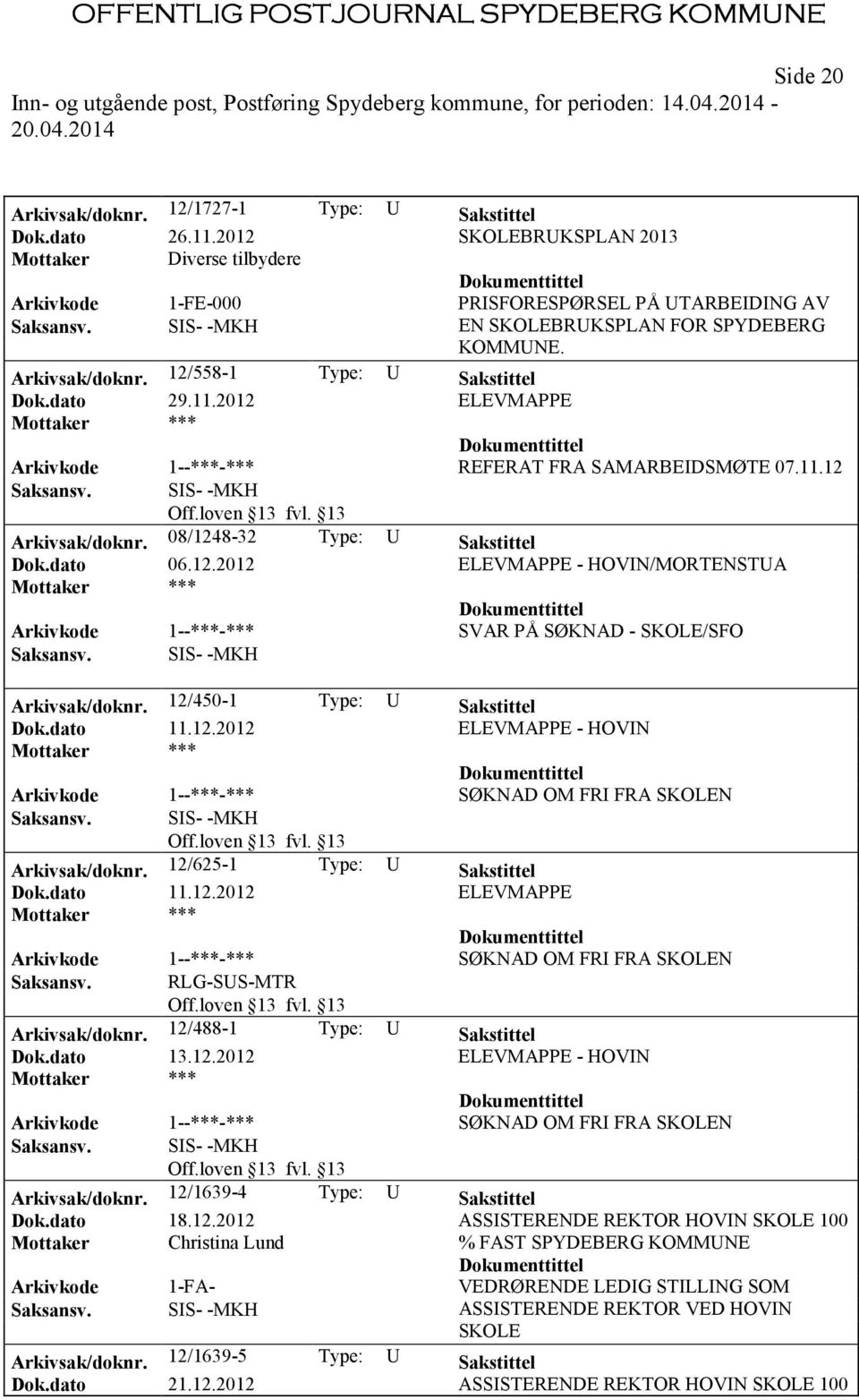 dato 29.11.2012 ELEVMAPPE Arkivkode 1--***-*** REFERAT FRA SAMARBEIDSMØTE 07.11.12 Arkivsak/doknr. 08/1248-32 Type: U Sakstittel Dok.dato 06.12.2012 ELEVMAPPE - HOVIN/MORTENSTUA Arkivkode 1--***-*** SVAR PÅ SØKNAD - SKOLE/SFO Arkivsak/doknr.