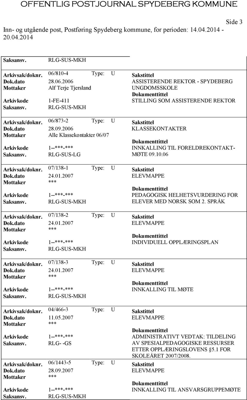 07/138-1 Type: U Sakstittel Dok.dato 24.01.2007 ELEVMAPPE Arkivkode 1--***-*** PEDAGOGISK HELHETSVURDERING FOR ELEVER MED NORSK SOM 2. SPRÅK Arkivsak/doknr. 07/138-2 Type: U Sakstittel Dok.dato 24.01.2007 ELEVMAPPE Arkivkode 1--***-*** INDIVIDUELL OPPLÆRINGSPLAN Arkivsak/doknr.