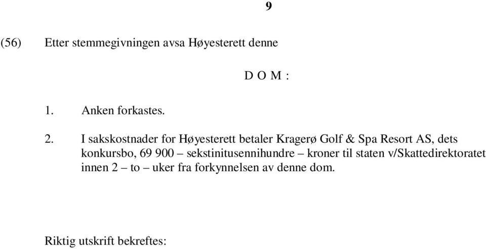 I sakskostnader for Høyesterett betaler Kragerø Golf & Spa Resort AS, dets