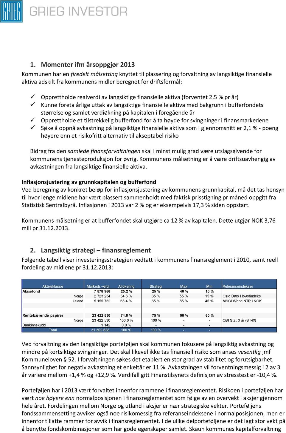 verdiøkning på kapitalen i foregående år Opprettholde et tilstrekkelig bufferfond for å ta høyde for svingninger i finansmarkedene Søke å oppnå avkastning på langsiktige finansielle aktiva som i