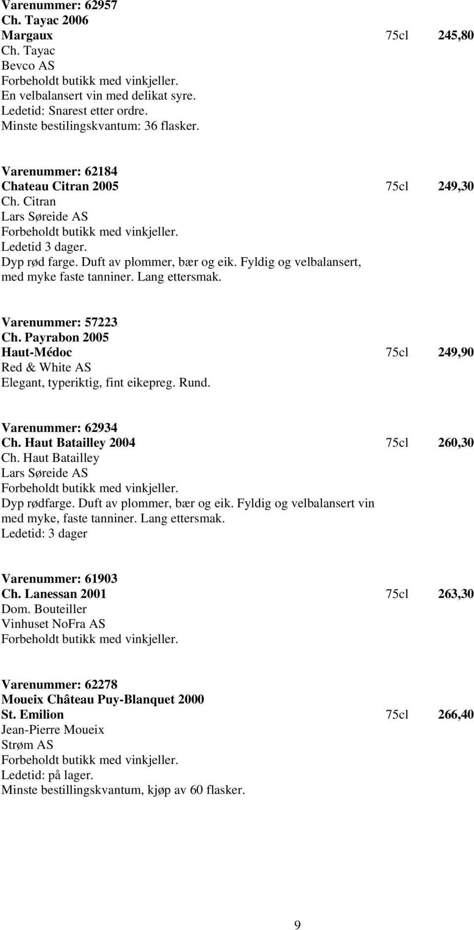 Lang ettersmak. Varenummer: 57223 Ch. Payrabon 2005 Haut-Médoc 75cl 249,90 Elegant, typeriktig, fint eikepreg. Rund. Varenummer: 62934 Ch. Haut Batailley 2004 75cl 260,30 Ch.