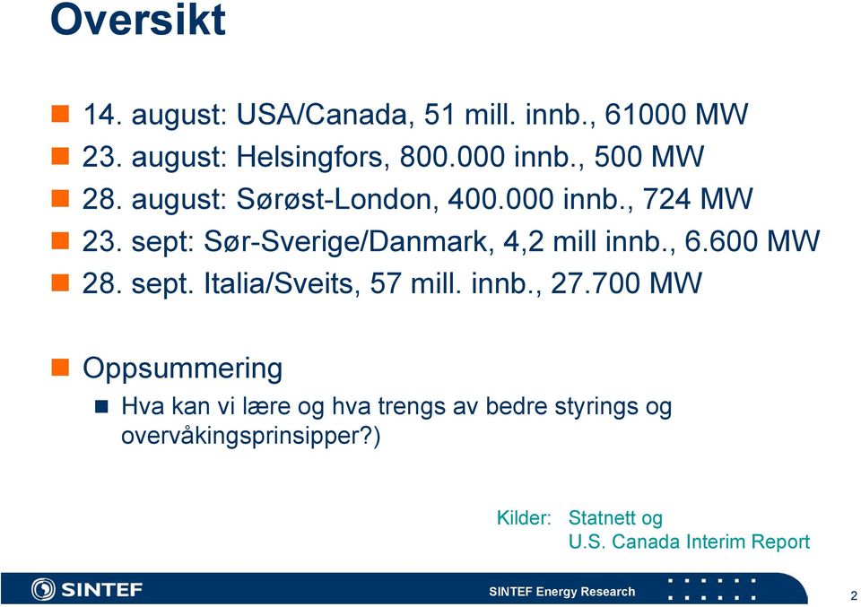 sept: Sør-Sverige/Danmark, 4,2 mill innb., 6.600 MW 28. sept. Italia/Sveits, 57 mill. innb., 27.