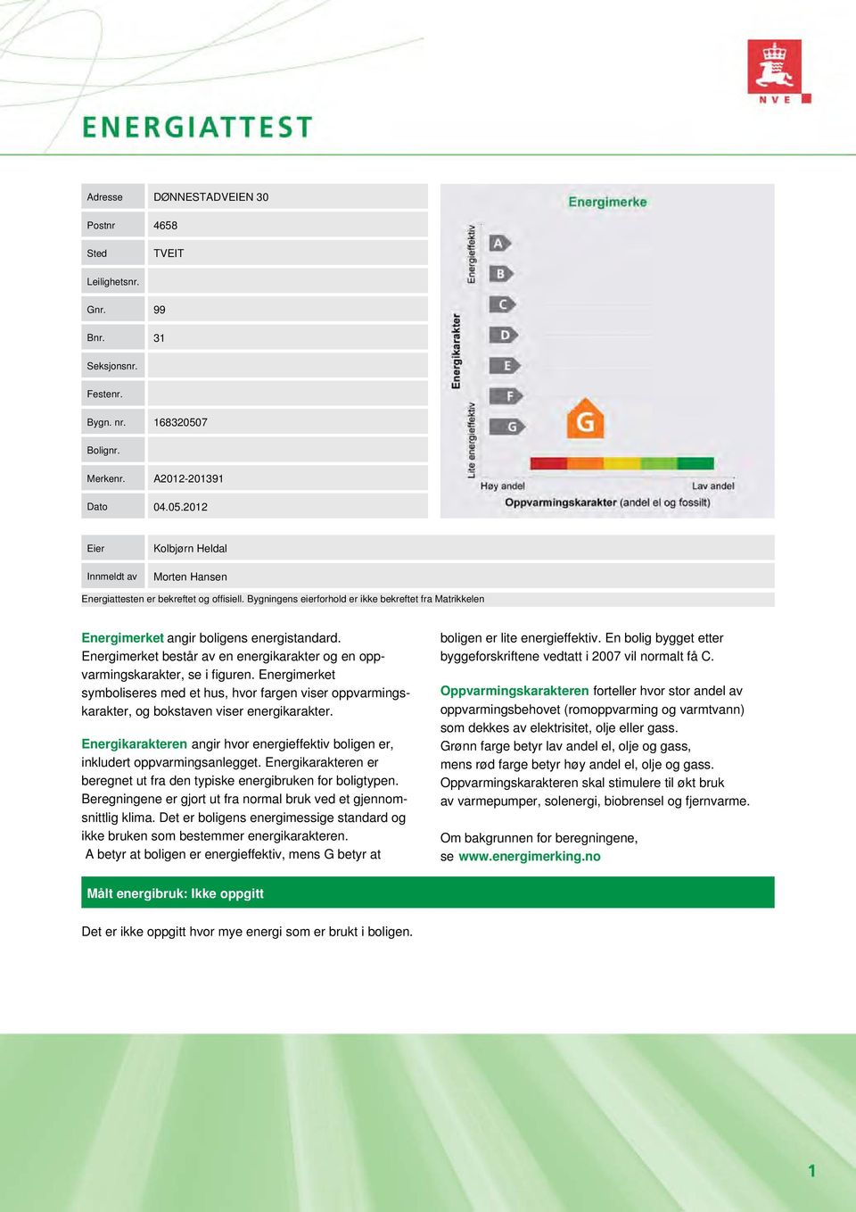 Bygningens eierforhold er ikke bekreftet fra Matrikkelen Energimerket angir boligens energistandard. Energimerket består av en energikarakter og en oppvarmingskarakter, se i figuren.