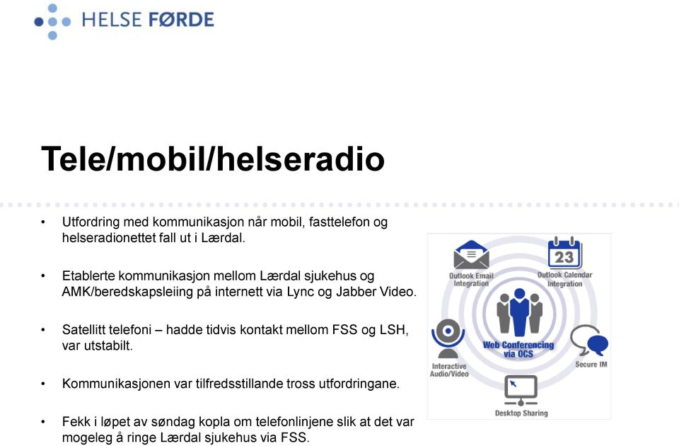 Satellitt telefoni hadde tidvis kontakt mellom FSS og LSH, var utstabilt.