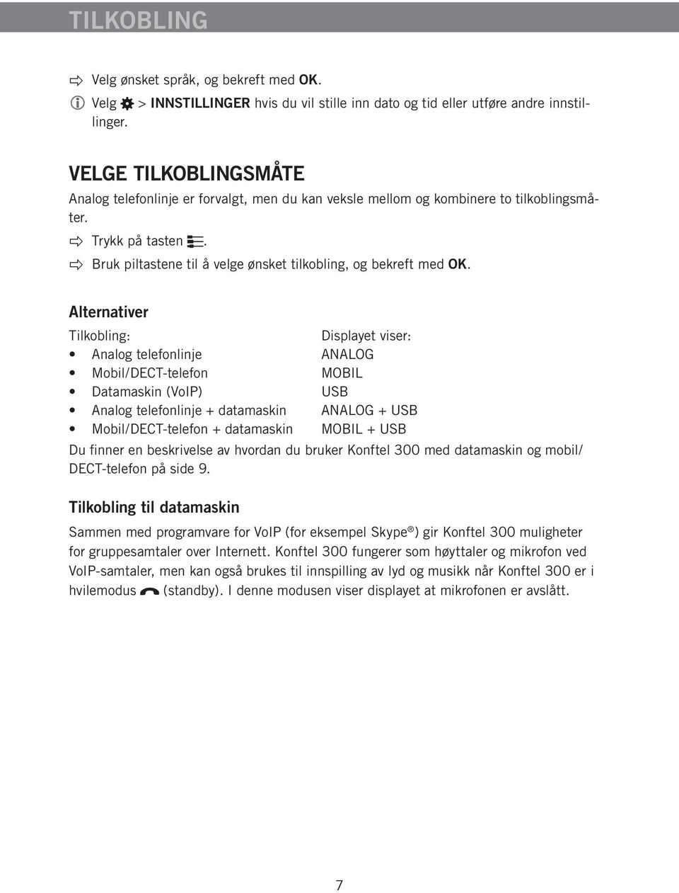 Alternativer Tilkobling: Displayet viser: Analog telefonlinje ANALOG Mobil/DECT-telefon MOBIL Datamaskin (VoIP) USB Analog telefonlinje + datamaskin ANALOG + USB Mobil/DECT-telefon + datamaskin MOBIL