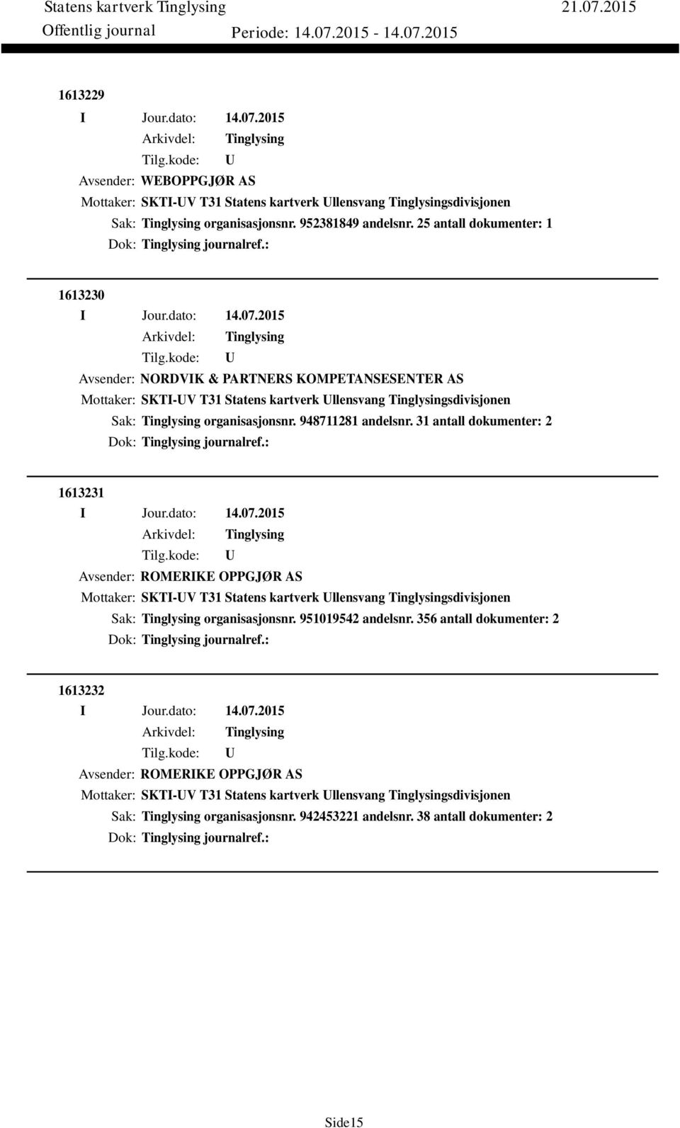 948711281 andelsnr. 31 antall dokumenter: 2 Dok: journalref.: 1613231 Avsender: ROMERIKE OPPGJØR AS Mottaker: SKTI-V T31 Statens kartverk llensvang sdivisjonen Sak: organisasjonsnr.