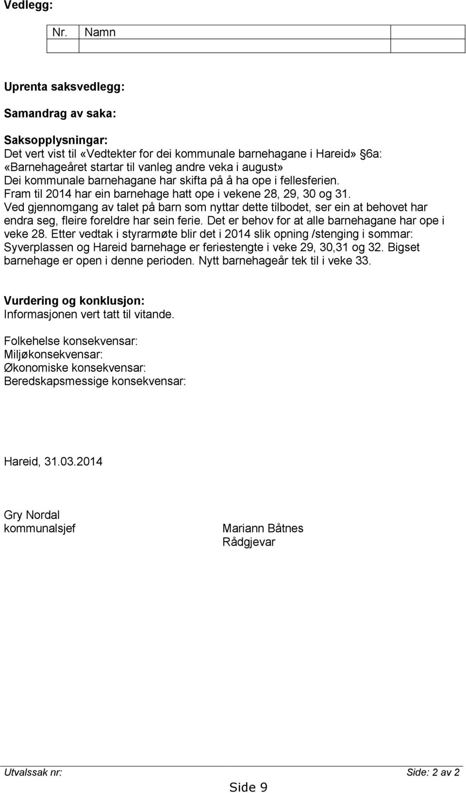 kommunale barnehagane har skifta på å ha ope i fellesferien. Fram til 2014 har ein barnehage hatt ope i vekene 28, 29, 30 og 31.