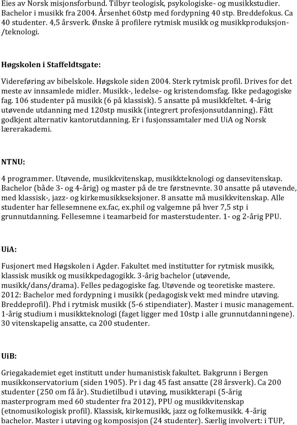 Drives for det meste av innsamlede midler. Musikk-, ledelse- og kristendomsfag. Ikke pedagogiske fag. 106 studenter på musikk (6 på klassisk). 5 ansatte på musikkfeltet.