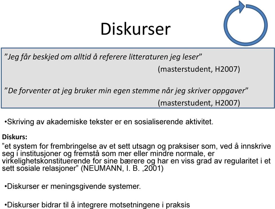 Diskurs: et system for frembringelse av et sett utsagn og praksiser som, ved å innskrive seg i institusjoner og fremstå som mer eller mindre normale, er