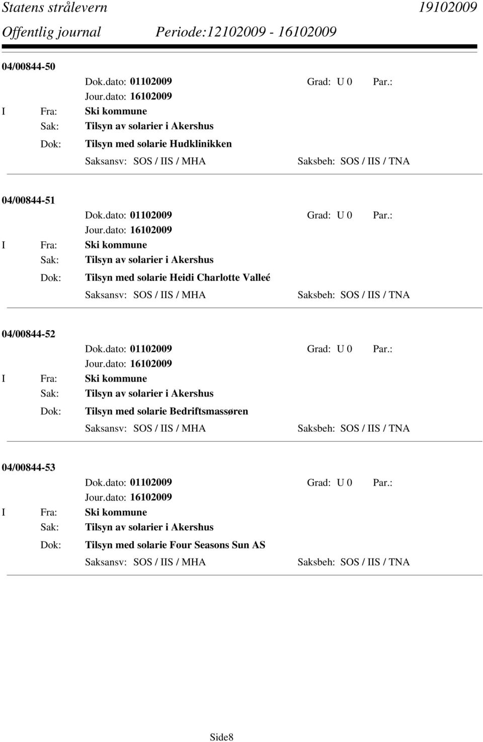 : I Fra: Ski kommune Sak: Tilsyn av solarier i Akershus Tilsyn med solarie Heidi Charlotte Valleé Saksbeh: SOS / IIS / TNA 04/00844-52 Dok.