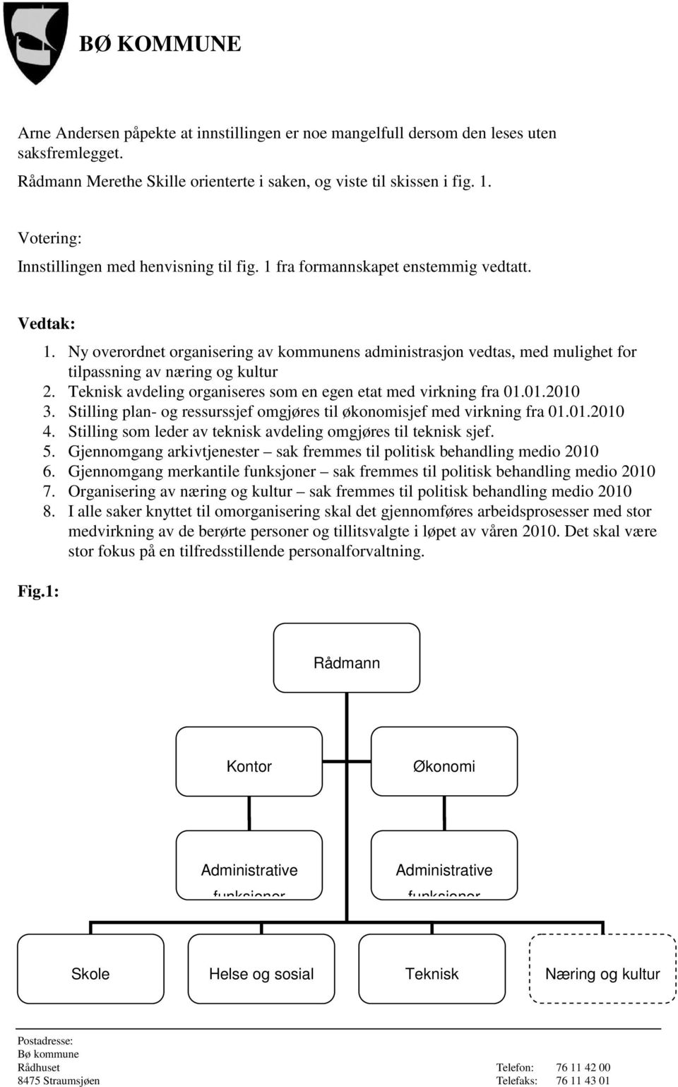 Ny overordnet organisering av kommunens administrasjon vedtas, med mulighet for tilpassning av næring og kultur 2. Teknisk avdeling organiseres som en egen etat med virkning fra 01.01.2010 3.