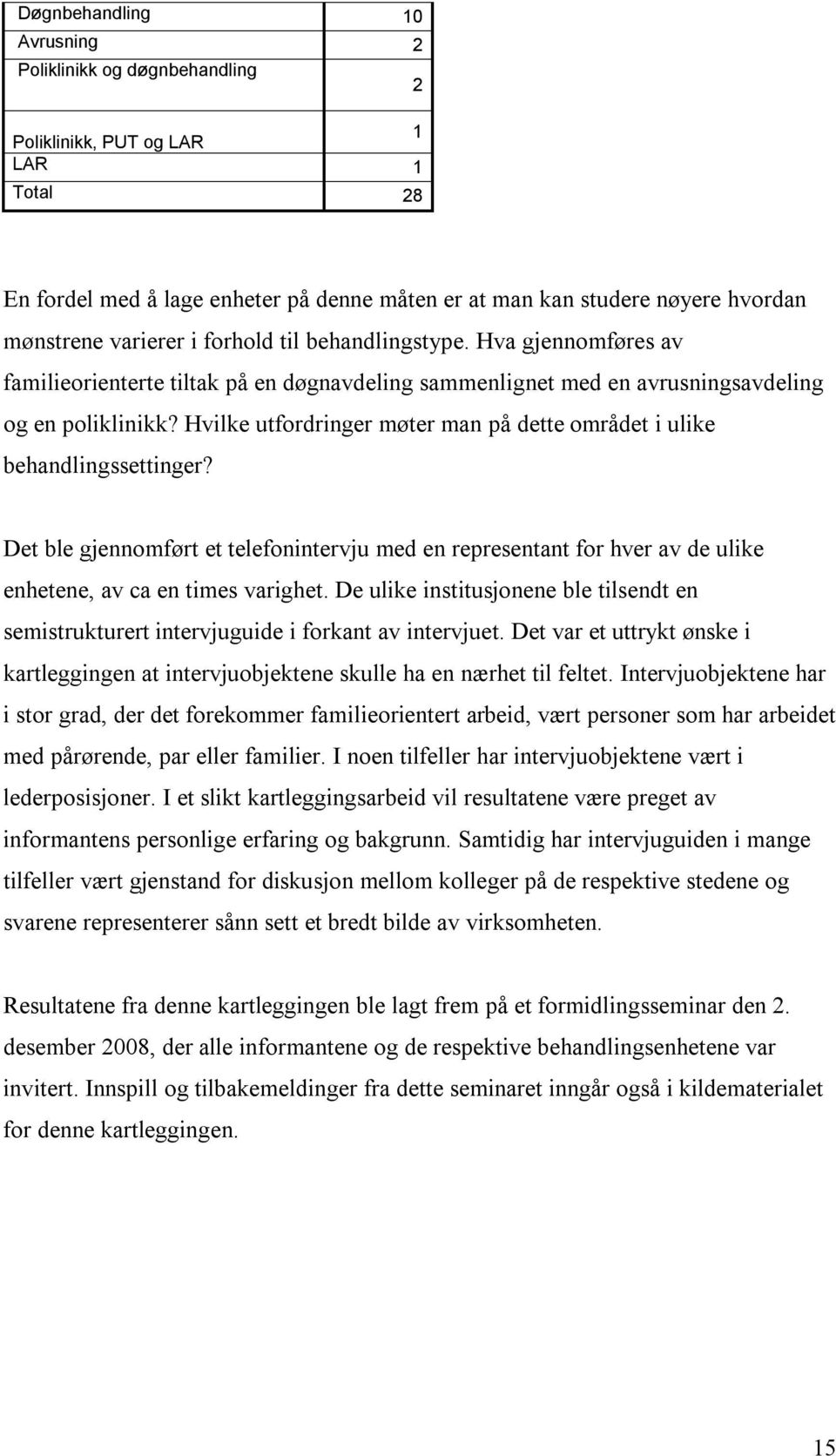 Hvilke utfordringer møter man på dette området i ulike behandlingssettinger? Det ble gjennomført et telefonintervju med en representant for hver av de ulike enhetene, av ca en times varighet.