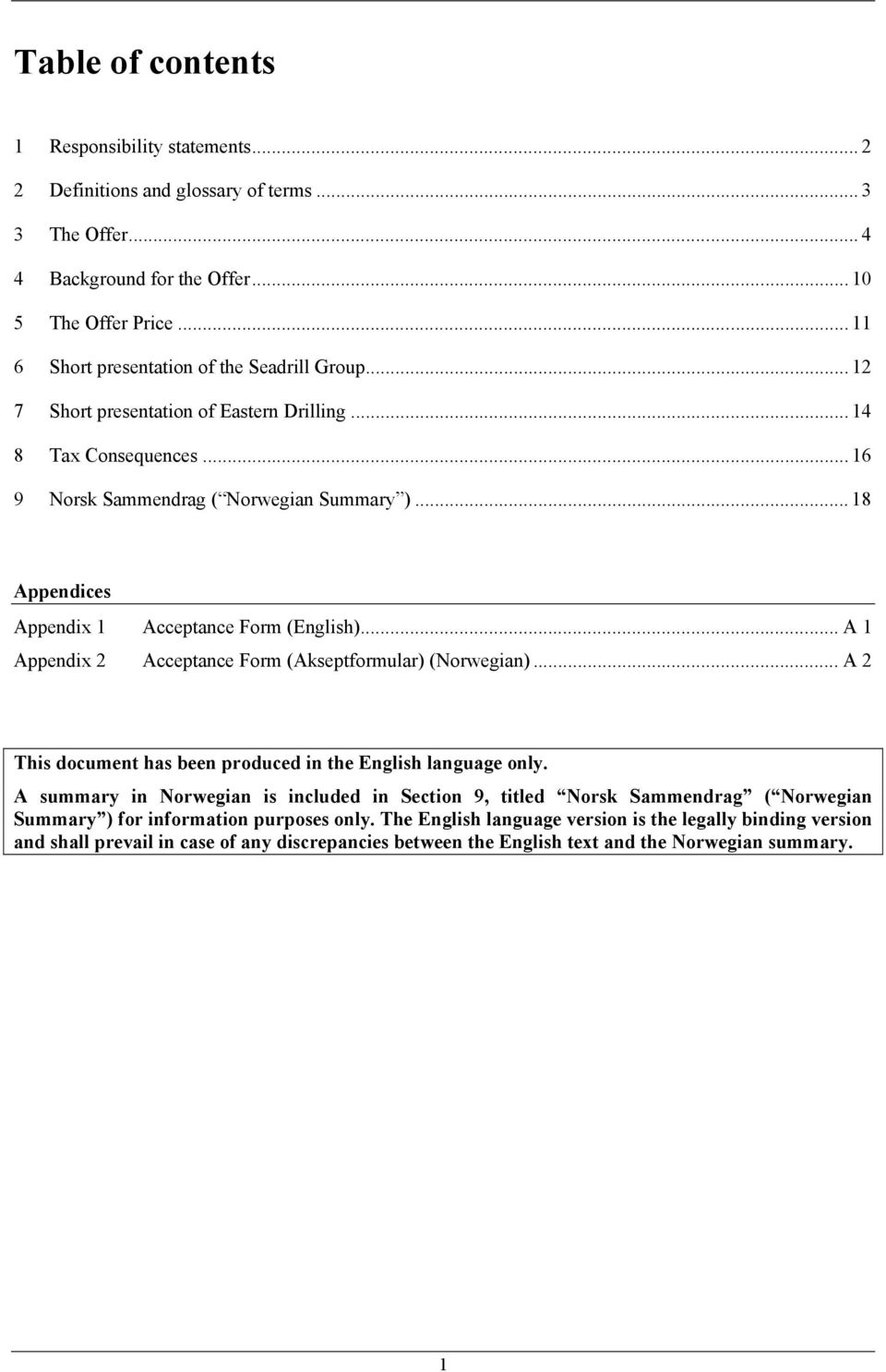 .. 18 Appendices Appendix 1 Acceptance Form (English)... A 1 Appendix 2 Acceptance Form (Akseptformular) (Norwegian)... A 2 This document has been produced in the English language only.