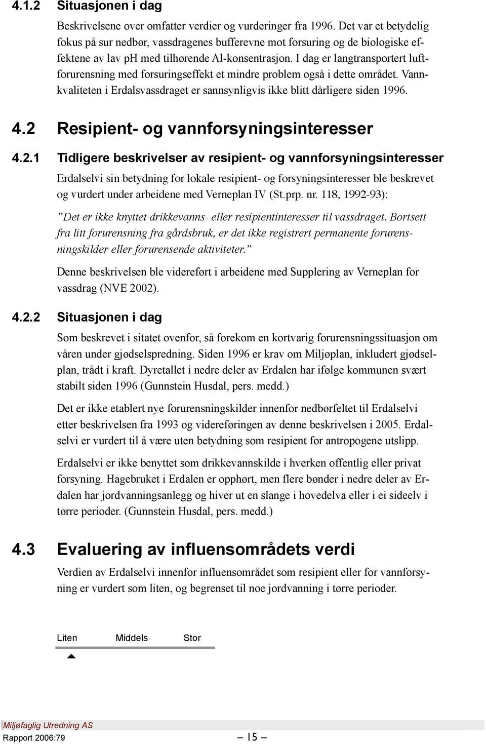 I dag er langtransportert luftforurensning med forsuringseffekt et mindre problem også i dette området. Vannkvaliteten i Erdalsvassdraget er sannsynligvis ikke blitt dårligere siden 1996. 4.