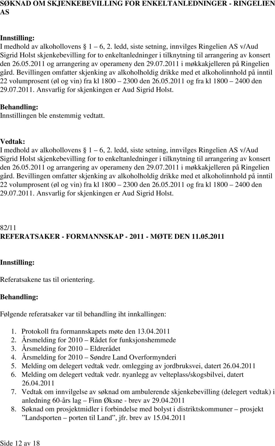 2011 i møkkakjelleren på Ringelien gård. Bevillingen omfatter skjenking av alkoholholdig drikke med et alkoholinnhold på inntil 22 volumprosent (øl og vin) fra kl 1800 2300 den 26.05.