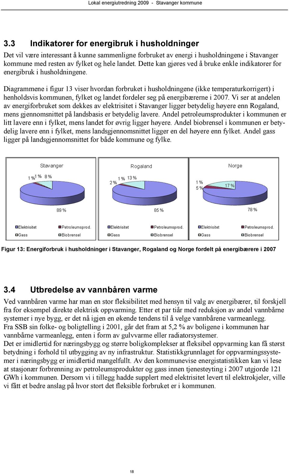 Diagrammene i figur 13 viser hvordan forbruket i husholdningene (ikke temperaturkorrigert) i henholdsvis kommunen, fylket og landet fordeler seg på energibærerne i 2007.