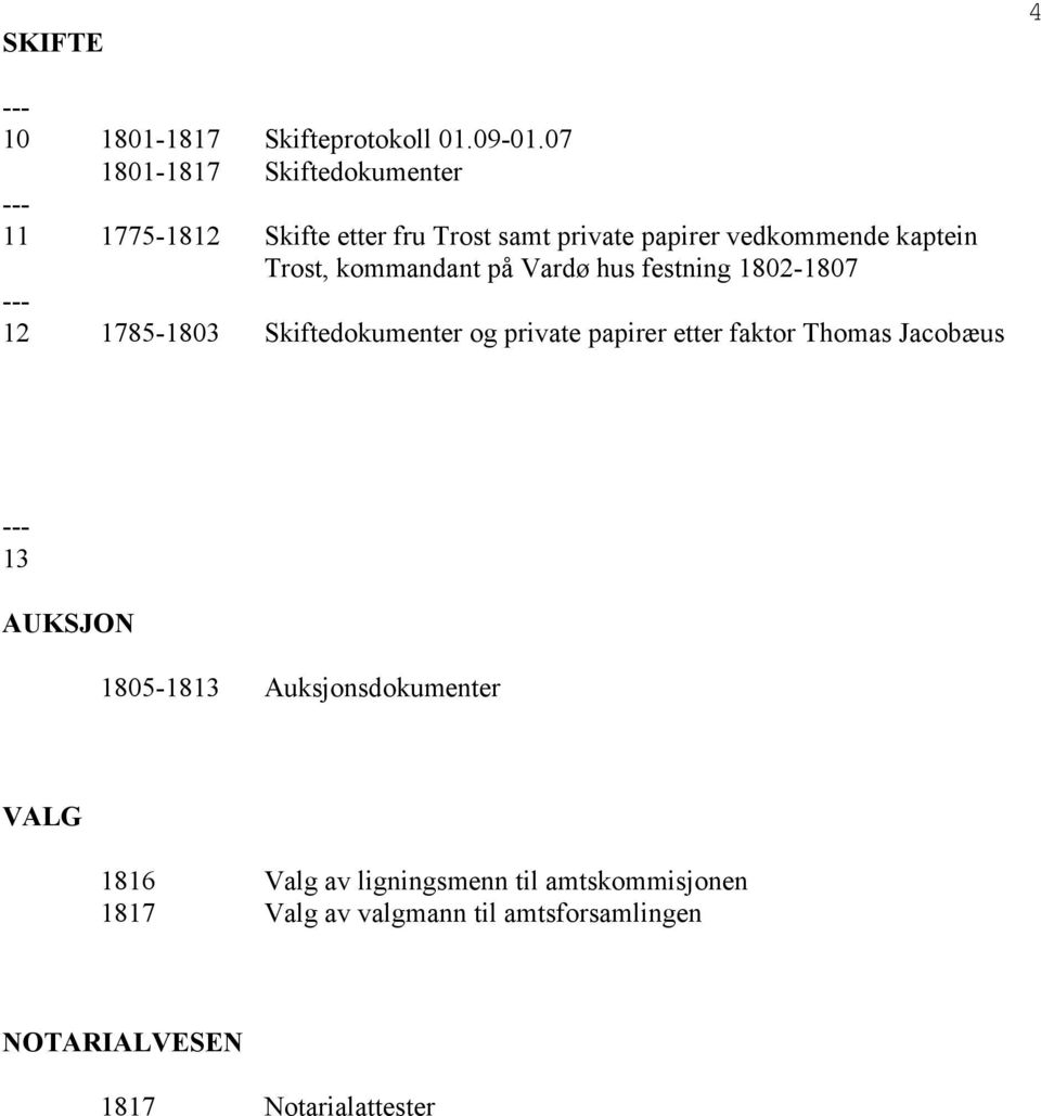 Trost, kommandant på Vardø hus festning 1802-1807 12 1785-1803 Skiftedokumenter og private papirer etter faktor