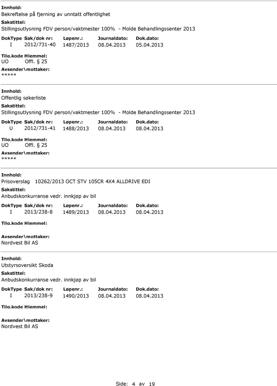 25 Offentlig søkerliste Stillingsutlysning FDV person/vaktmester 100% - Molde Behandlingssenter 2013 O 2012/731-41 1488/2013 Offl.