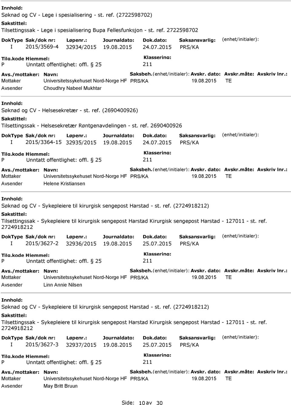 2015 RS/KA Mottaker RS/KA TE Helene Kristiansen nnhold: Søknad og CV - Sykepleiere til kirurgisk sengepost Harstad - st. ref.