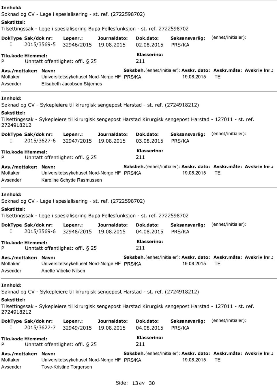 (2724918212) Tilsettingssak - Sykepleiere til kirurgisk sengepost Harstad Kirurgisk sengepost Harstad - 127011 - st. ref. 2724918212 2015/3627-6 32947/2015 03.08.