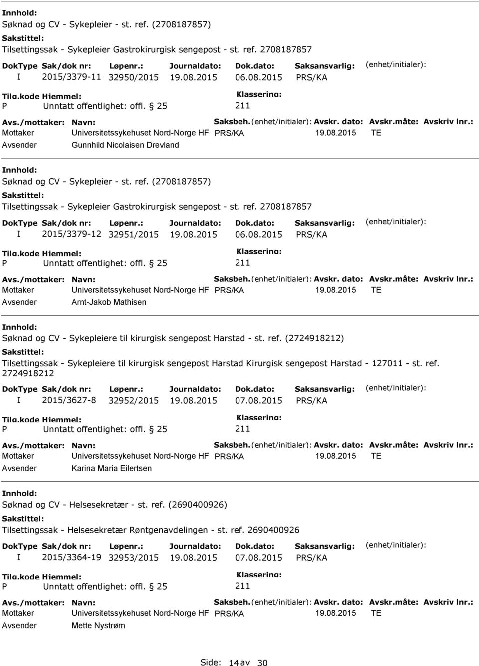 ref. (2724918212) Tilsettingssak - Sykepleiere til kirurgisk sengepost Harstad Kirurgisk sengepost Harstad - 127011 - st. ref. 2724918212 2015/3627-8 32952/2015 07.08.