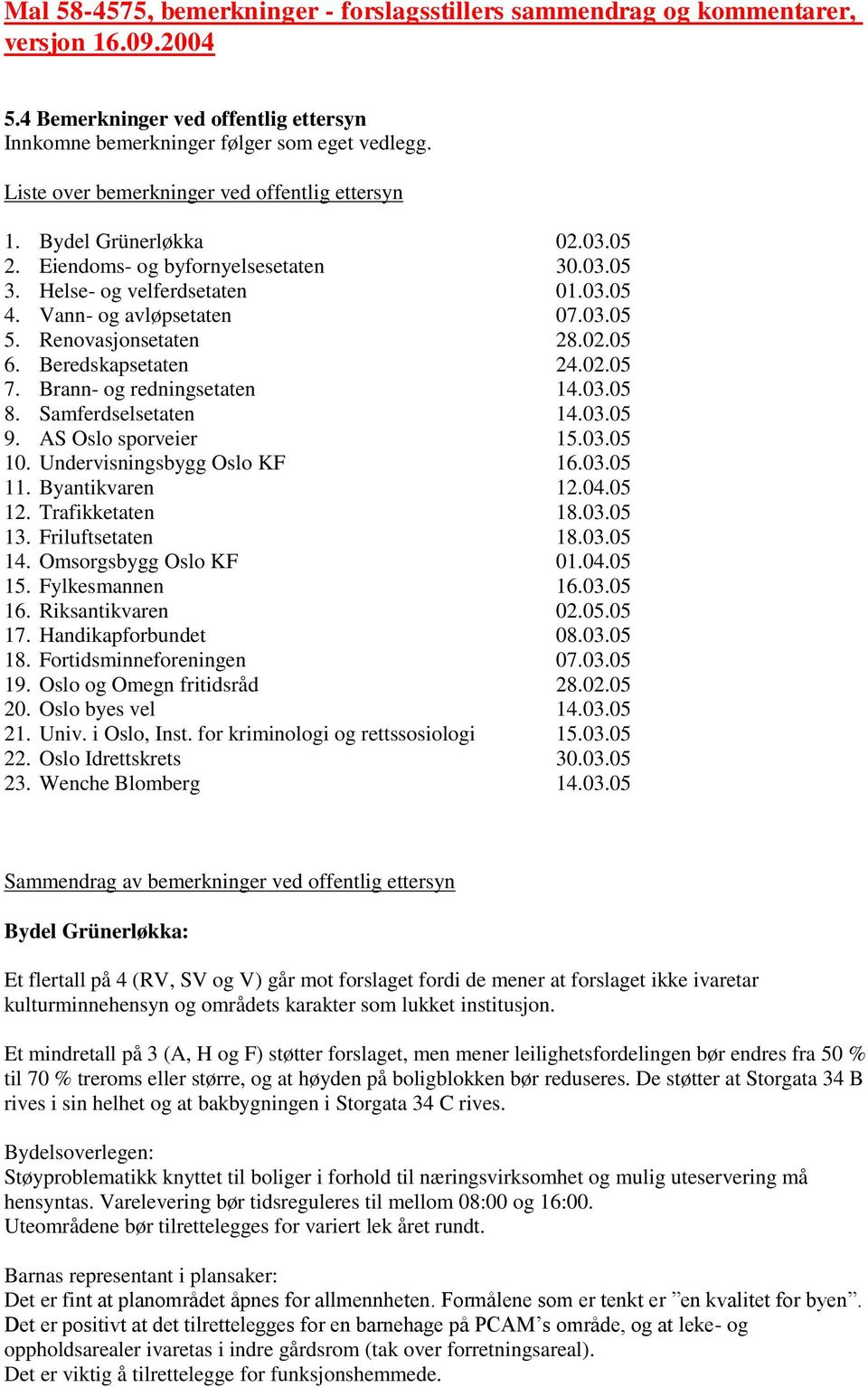 Renovasjonsetaten 28.02.05 6. Beredskapsetaten 24.02.05 7. Brann- og redningsetaten 14.03.05 8. Samferdselsetaten 14.03.05 9. AS Oslo sporveier 15.03.05 10. Undervisningsbygg Oslo KF 16.03.05 11.