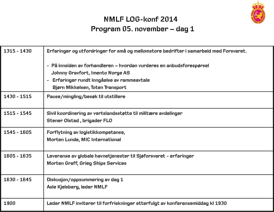 Pause/mingling/besøk til utstillere 1515-1545 Sivil koordinering av vertslandsstøtte til militære avdelinger Stener Olstad, brigader FLO 1545-1605 Forflytning av logistikkompetanse, Morten Lunde,