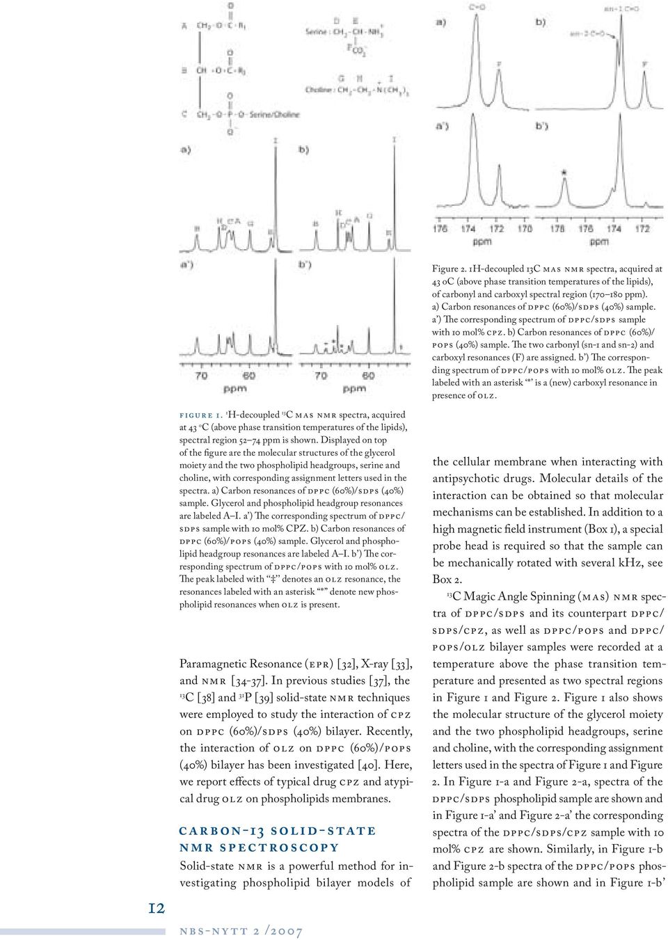 a) Carbon resonances of dppc (60%)/sdps (40%) sample. Glycerol and phospholipid headgroup resonances are labeled A I. a ) The corresponding spectrum of dppc/ sdps sample with 10 mol% CPZ.