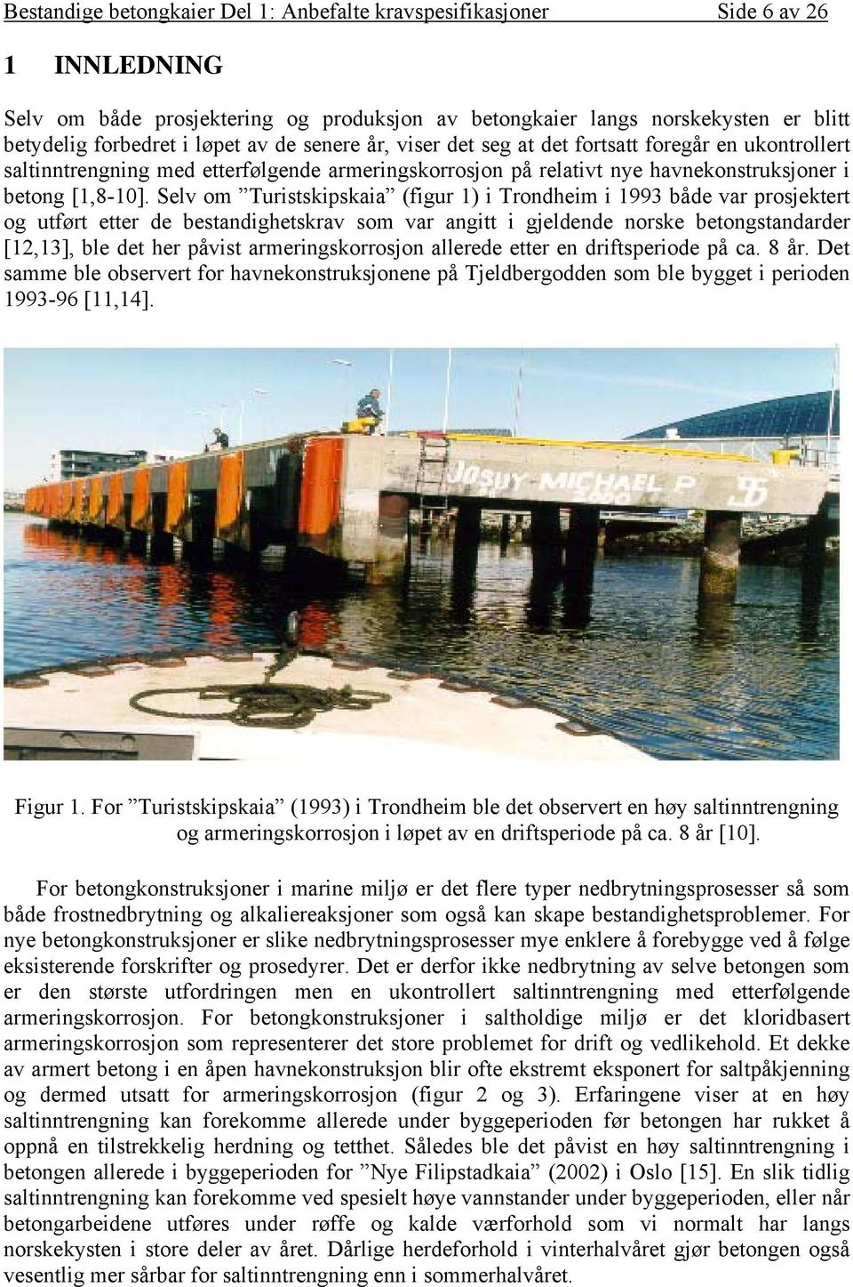 Selv om Turistskipskaia (figur 1) i Trondheim i 1993 både var prosjektert og utført etter de bestandighetskrav som var angitt i gjeldende norske betongstandarder [12,13], ble det her påvist