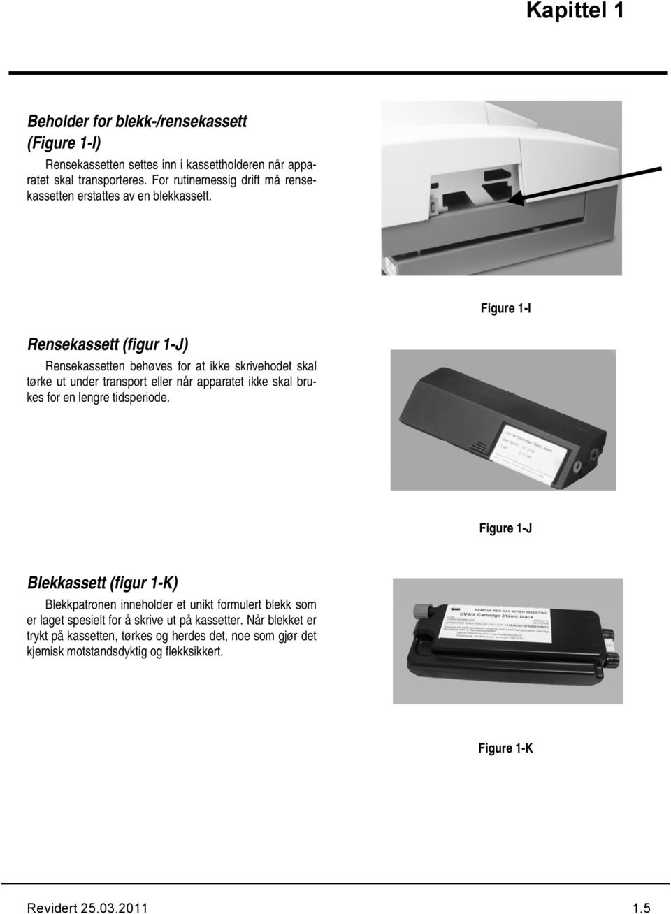 Figure 1-I Rensekassett (figur 1-J) Rensekassetten behøves for at ikke skrivehodet skal tørke ut under transport eller når apparatet ikke skal brukes for en lengre