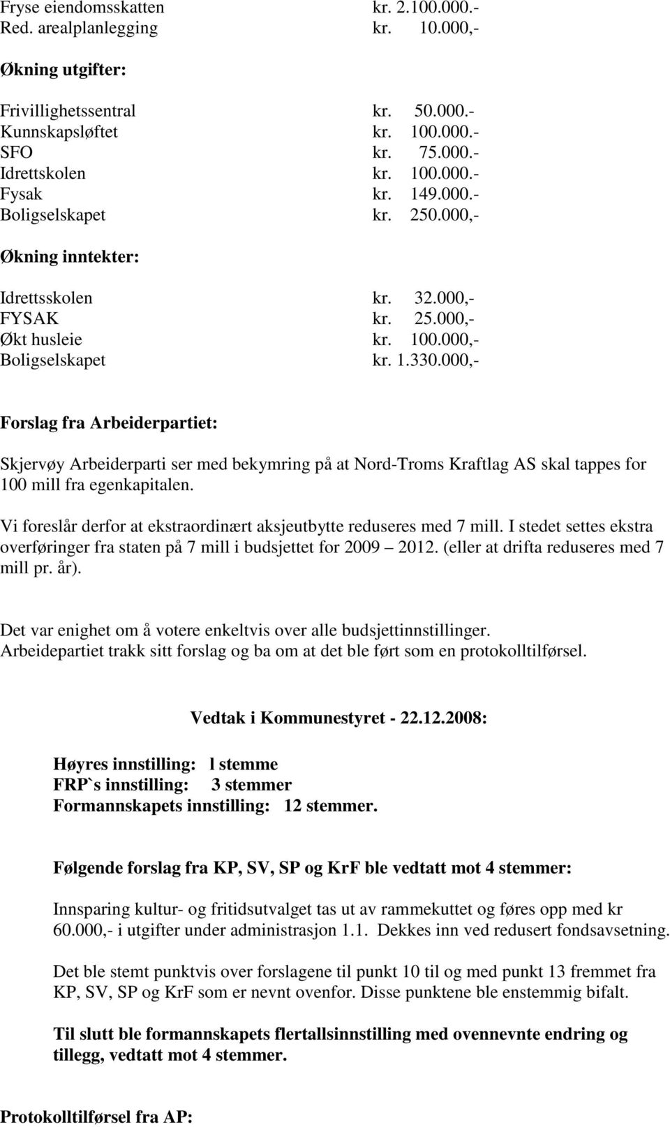 000,- Forslag fra Arbeiderpartiet: Skjervøy Arbeiderparti ser med bekymring på at Nord-Troms Kraftlag AS skal tappes for 100 mill fra egenkapitalen.