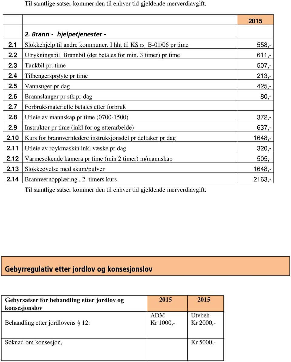 7 Forbruksmaterielle betales etter forbruk 2.8 Utleie av mannskap pr time (0700-1500) 372,- 2.9 Instruktør pr time (inkl for og etterarbeide) 637,- 2.