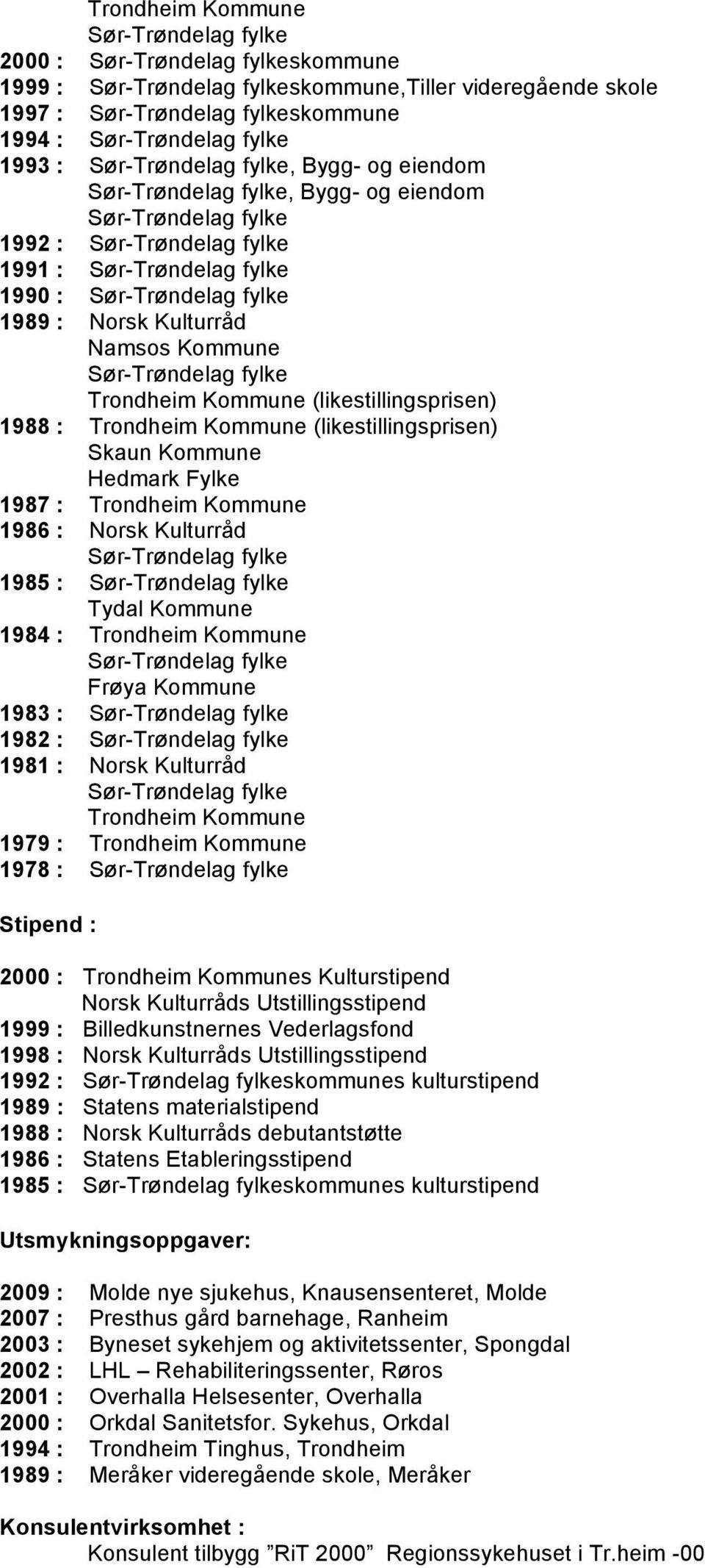 Trondheim Kommune Frøya Kommune 1983 : 1982 : 1981 : Norsk Kulturråd Trondheim Kommune 1979 : Trondheim Kommune 1978 : Stipend : 2000 : Trondheim Kommunes Kulturstipend Norsk Kulturråds