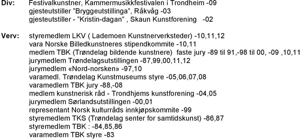 Trøndelagsutstillingen -87,99,00,11,12 jurymedlem «Nord-norsken» -97,10 varamedl.