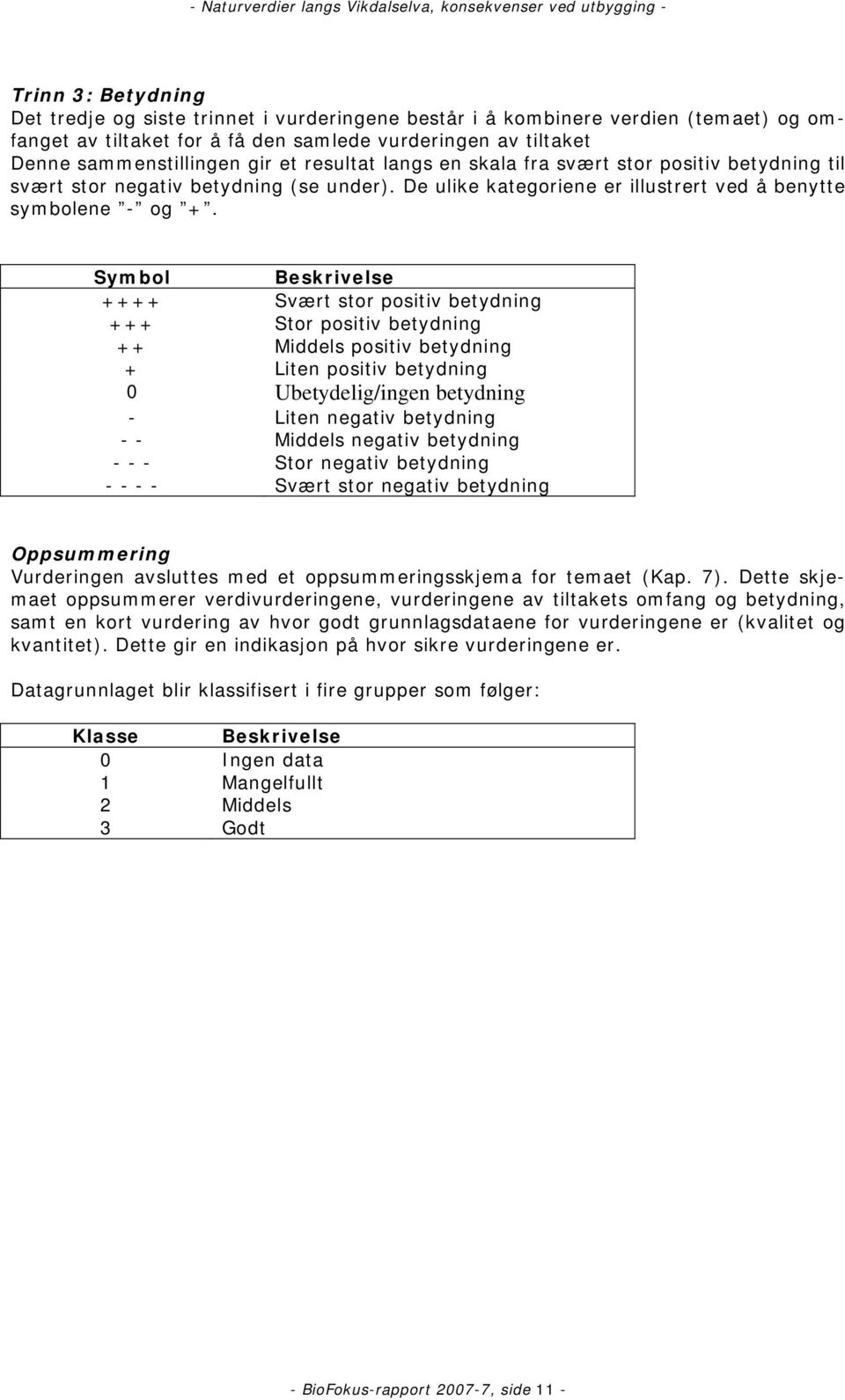 Symbol Beskrivelse ++++ Svært stor positiv betydning +++ Stor positiv betydning ++ Middels positiv betydning + Liten positiv betydning 0 Ubetydelig/ingen betydning - Liten negativ betydning - -