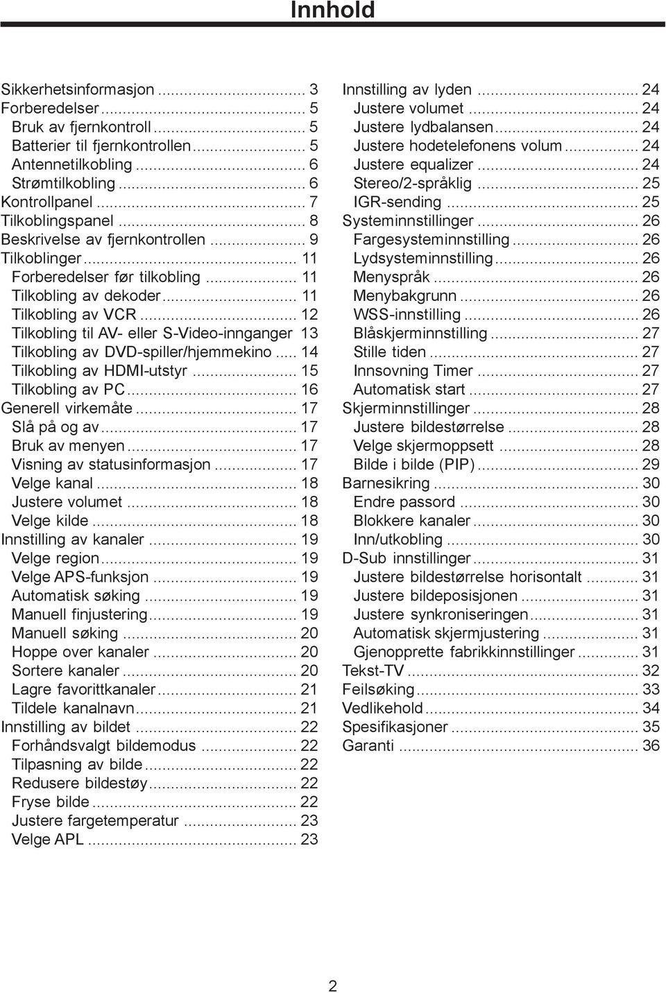 .. 12 Tilkobling til AV- eller S-Video-innganger 13 Tilkobling av DVD-spiller/hjemmekino... 14 Tilkobling av HDMI-utstyr... 15 Tilkobling av PC... 16 Generell virkemåte... 17 Slå på og av.