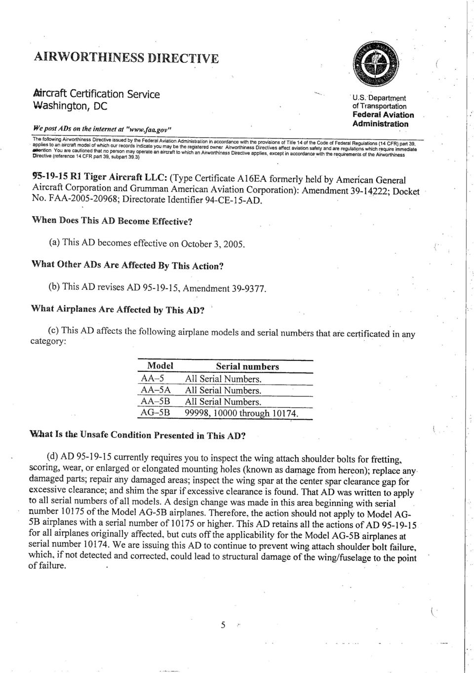 rvice Washington, De We post ADs on the internet at "www.faa.gov". U.S.