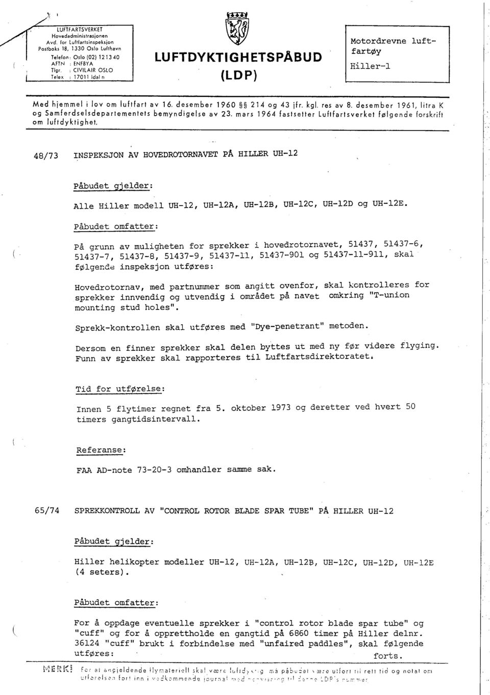 desember 1961, litra K og Samferdselsdepartementets bemyndigelse av 23. mars 1964 fastsetter Luftfartsverket følgende forskrift om luftdyktighet.