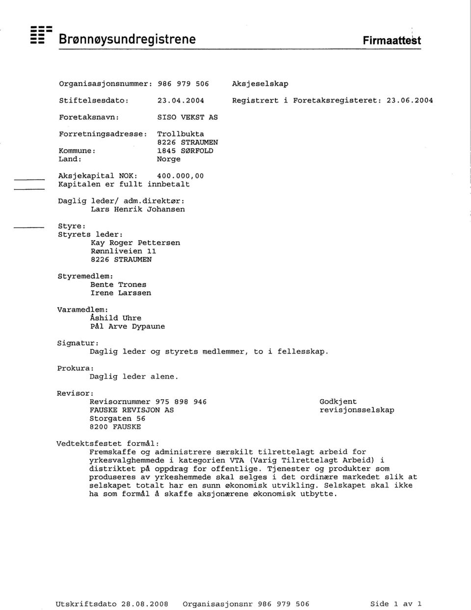 2004 Foretaksnavn : SISO VEKST AS Forretningsadresse: Trollbukta 8226 STRAUMEN Kommune: 1845 SØRFOLD Land: Norge Aksjekapital NOK: 400.000,00 Kapitalen er fullt innbetalt Daglig leder/ adm.